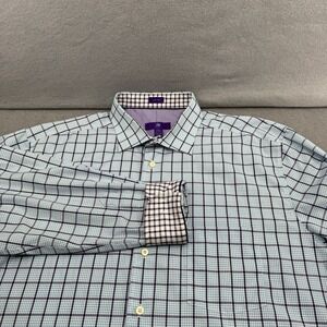 Egara Non Iron Shirt Mens XXL Blue Purple Flip Cuff Button Plaid Pocket Cotton